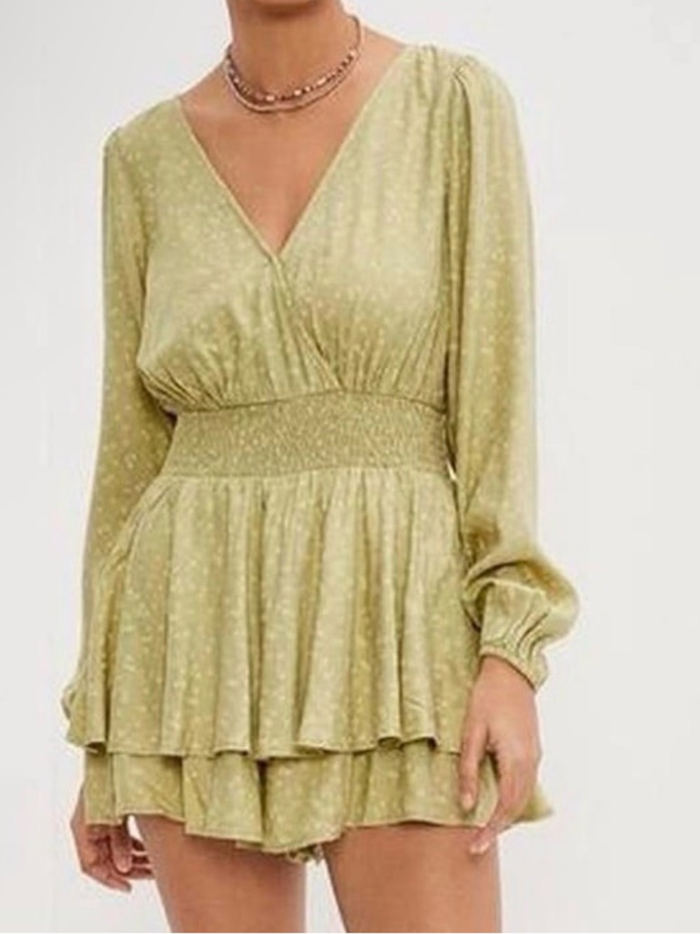 American Eagle Green romper green floral layered long sleeve with a boho vibe